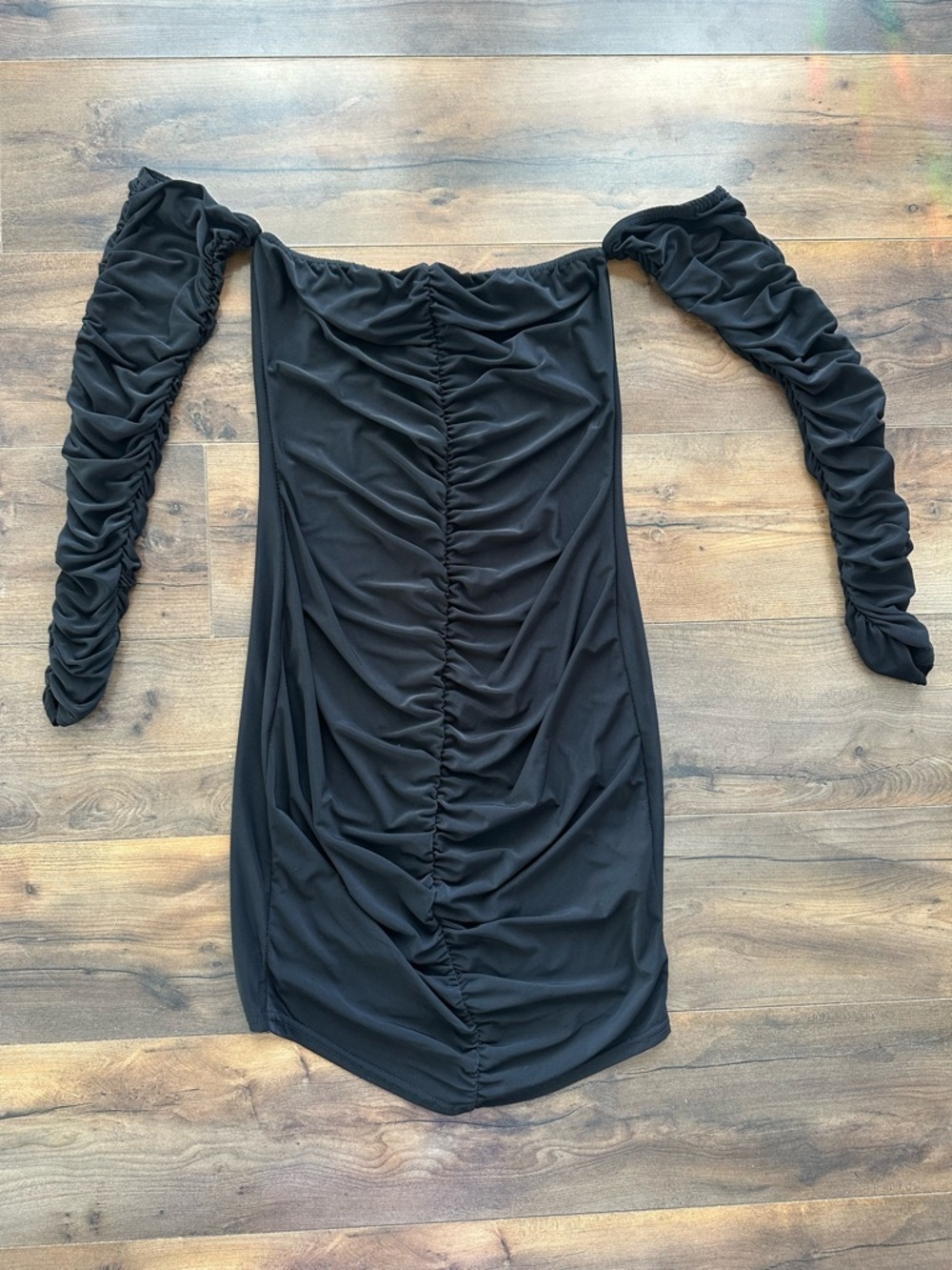 Boohoo Black Ruched Bodycon Dress Off Shoulder Long Sleeve Mini